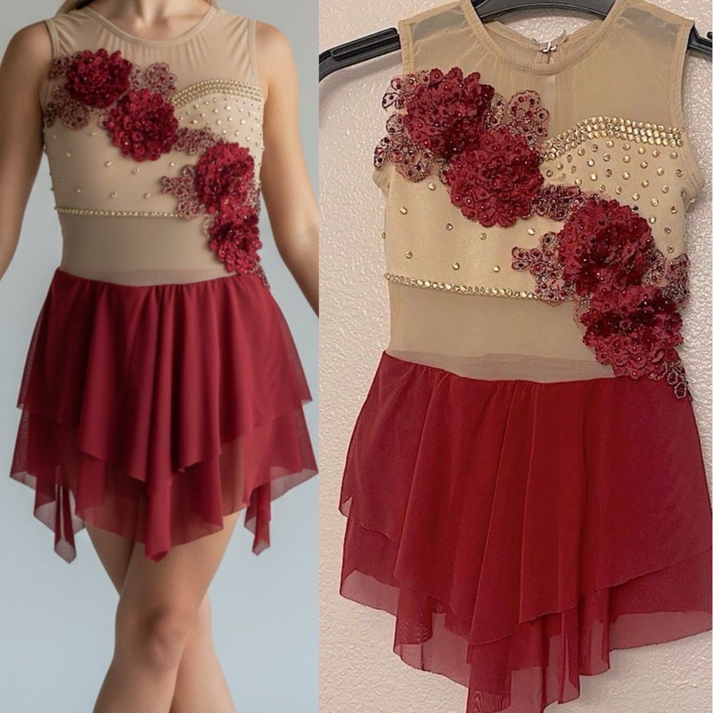 Custom solo dance costume Burgundy red gold dress leotard rhinestoned XSC child